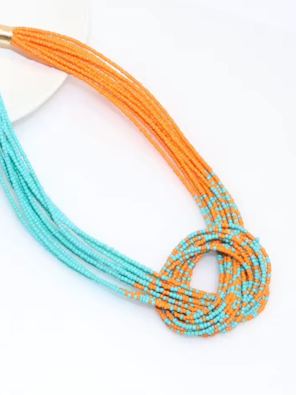 Turquoise Orange Beaded Knot Statement Necklace Boho Chic - Picture 3 of 6